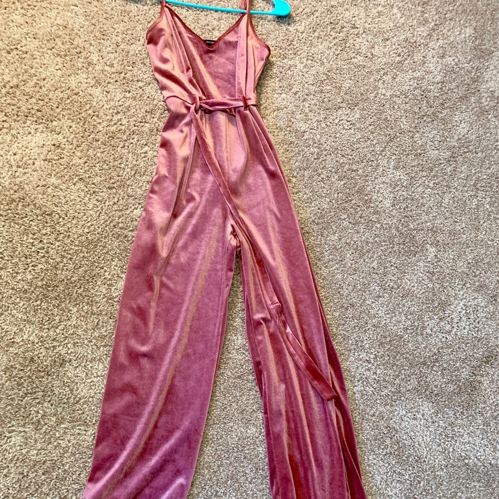Pink velvet belted jumpsuit